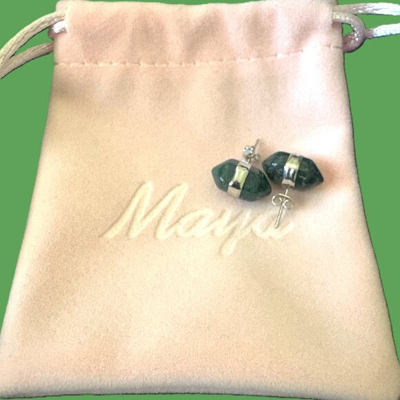 Dark Green Modern Maya Jade Post Earrings with Sterling Silver with Dust bag - Picture 5 of 9